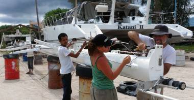 Fastening the headstay onto our neighbor's mast
