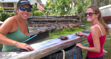 Amanda & her buddy Rachel - Two beauties sanding the mast