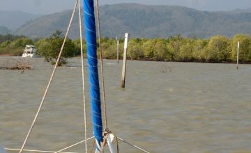 A maze of stakes marks Boat Lagoon entrance