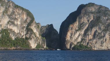 Maya Bay becomes visible as you approach Phi Phi Le