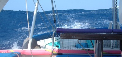 Looking aft from the companionway at the huge seas