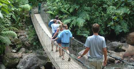 Crossing a suspension bridge to get to the Carbet Falls