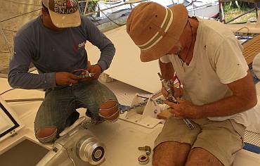 Heru and Jon rebuilding the forward diesel manifolds