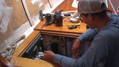 Heru ripping out the old port forward bilge pump