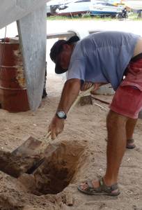 Digging a hole to remove port rudder