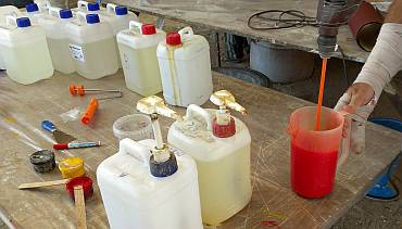 Mixing station: 50 liters of epoxy, colors, pumps, & mixing rod