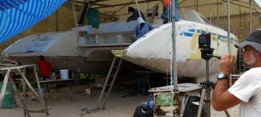 Jon using our laser to mark out our antifouling paint line