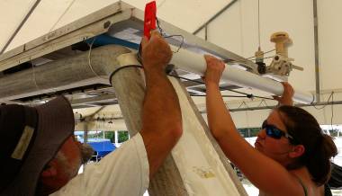 Jon & Amanda aligning the port davit to mark it for drilling