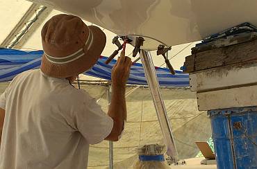 Marking the mounting holes for the portside bimini leg