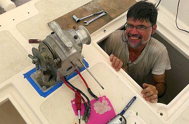 Jon tightened the big winch bolts from inside the chain locker