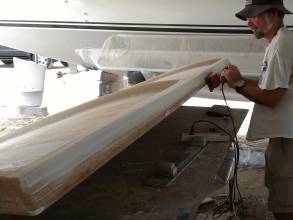Final sanding on the front of the bimini