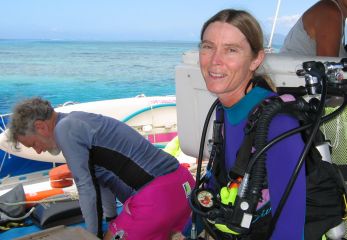 Karen, ready for diving. The cockpit made a good staging area.