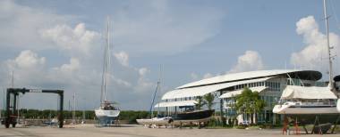 The fancy Krabi Boat Lagoon Marina offices and travel-lift