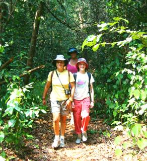 Kyle and Eliza (sv Estrela) and Sue hiking in the jungle