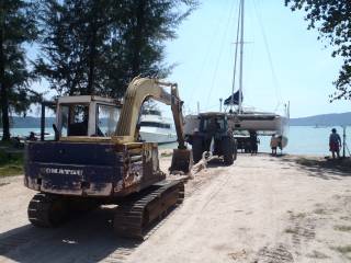 Another cat launching at Coconuts Boatyard, Phuket, Thailand.  Someday it will be Ocelot!