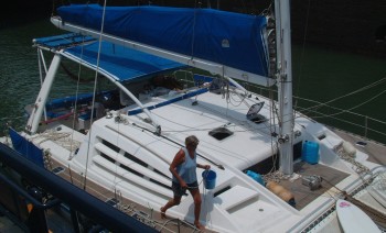 Ocelot from the tugboat - note blue cushions protecting our solar panels aft