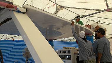 The bimini is snuggled into place on the targa-bar