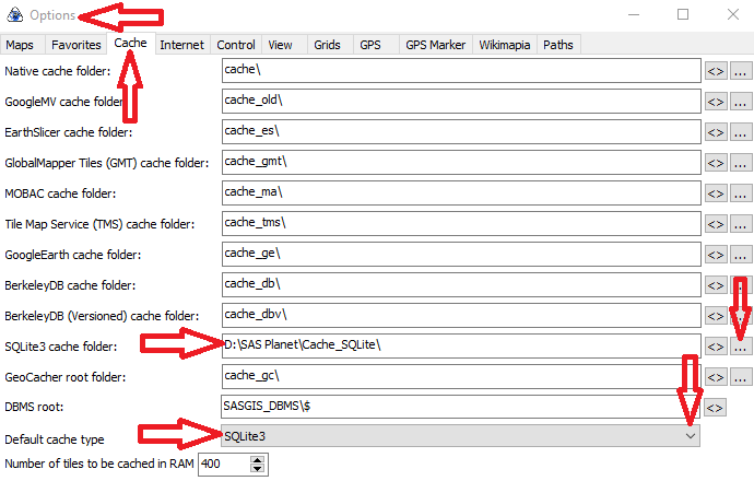 SAS Planet Cache Options dialog