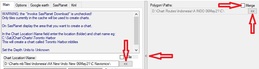 Sat2Chart dialog for .GPX input files and .mbTiles output location, with Merge in the corner