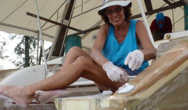 Sue filling in reinforcement holes with fiberglass & epoxy