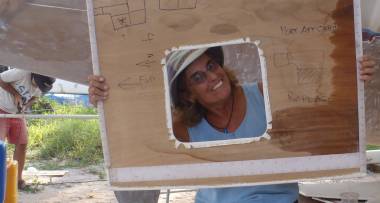 Sue getting goofy with some water-damaged headliner