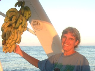 Sue, with our stalk of Maupiti bananas, getting ripe too fast