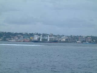 Inside the Suva harbor, the reefs are still nearby.