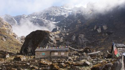 Terraced camping areas below a closed Thuli Kharka lodge