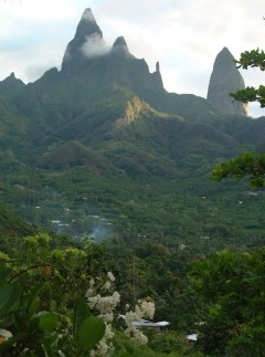 The green island of Ua Pou, with its distinctive spires in the background